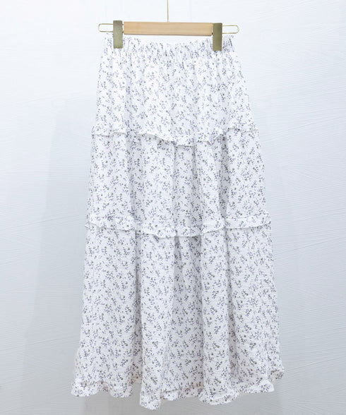 フリルティアード 小花柄 ロングスカート レディース ティアードスカート きれいめ 体型カバースカート着やせ 大人可愛い新作ハイウエストスカート 裏地付きスカート 98JLIY-001